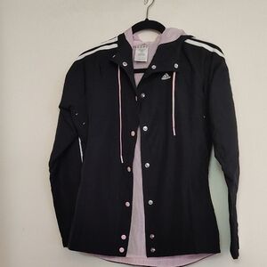 Adidas Black Jacket with Pink details and White signature Adidas Stripes Sleeves